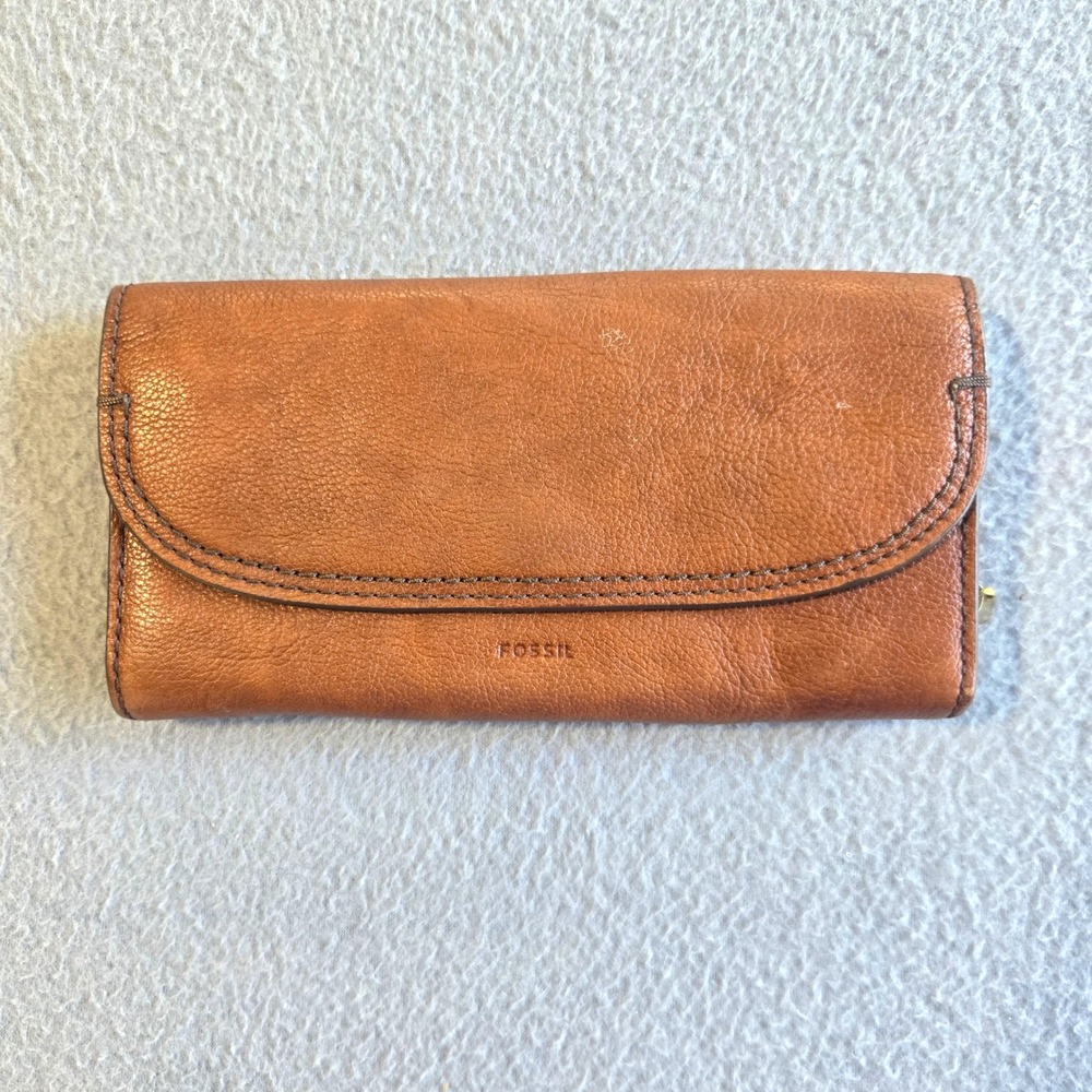 Fossil Wallet Women OS Cognac Brown Leather Flap Snap Trifold Clutch Organizer